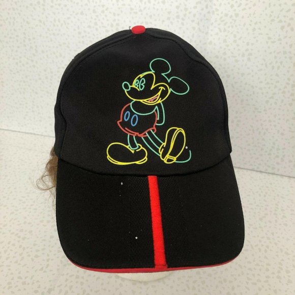 Vintage 90s Disney Parks Mickey Mouse Neon Lights Outline Black Snapback BallCap - Picture 2 of 5